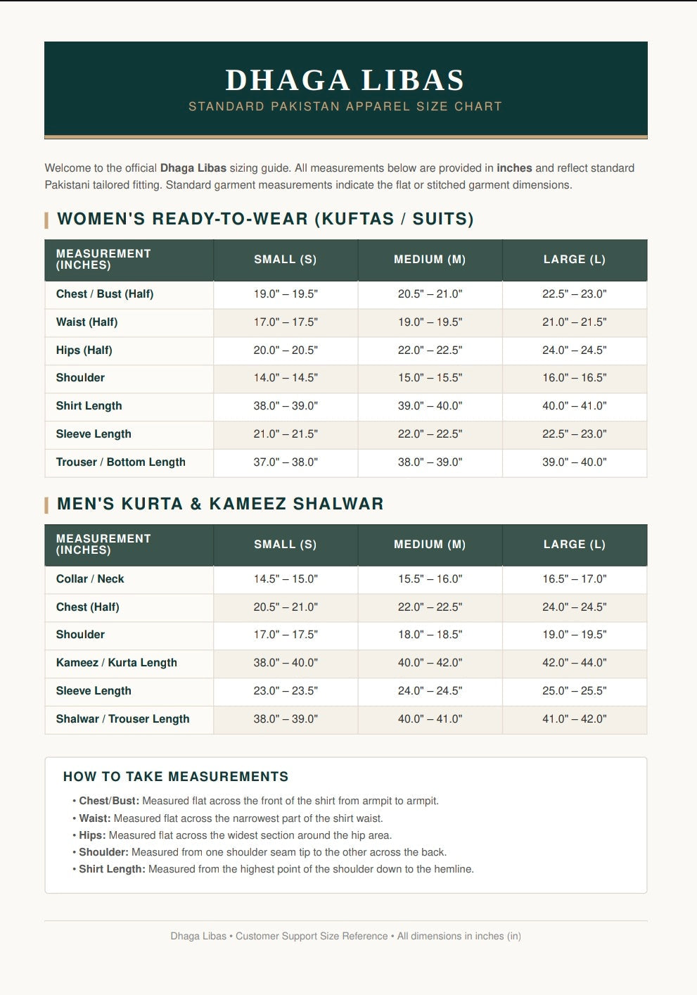 Dhaga Libas — Pakistan Standard Size Chart Summary