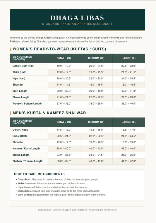 Dhaga Libas — Pakistan Standard Size Chart Summary