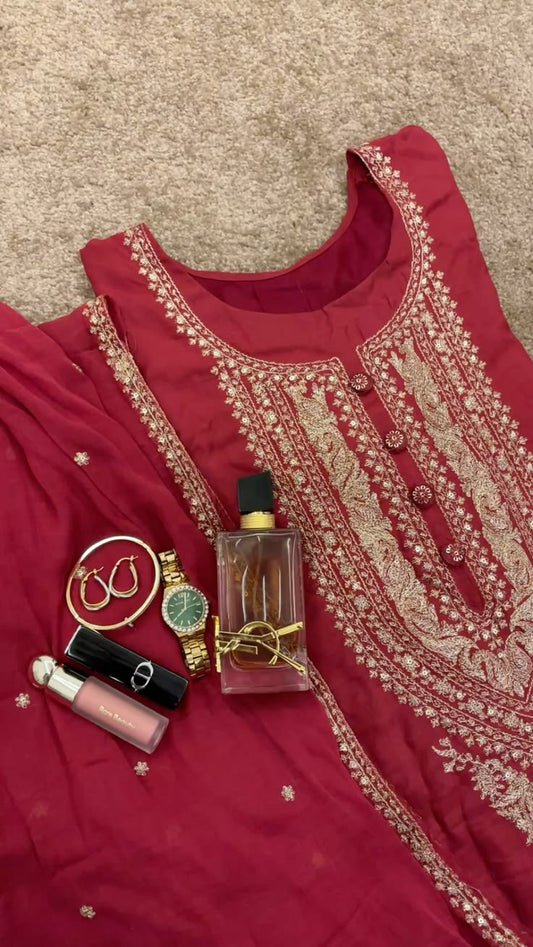 Maroon Luxury Embroidered 3-Piece Suit with Matching Dupatta
