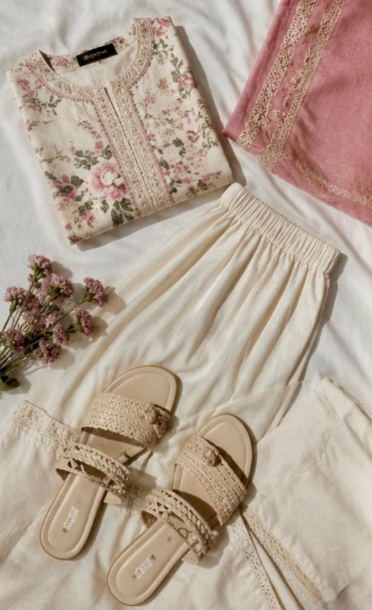 Cream Floral Printed Lawn Kurta with White Trouser & Pink Dupatta (3-Piece Suit)